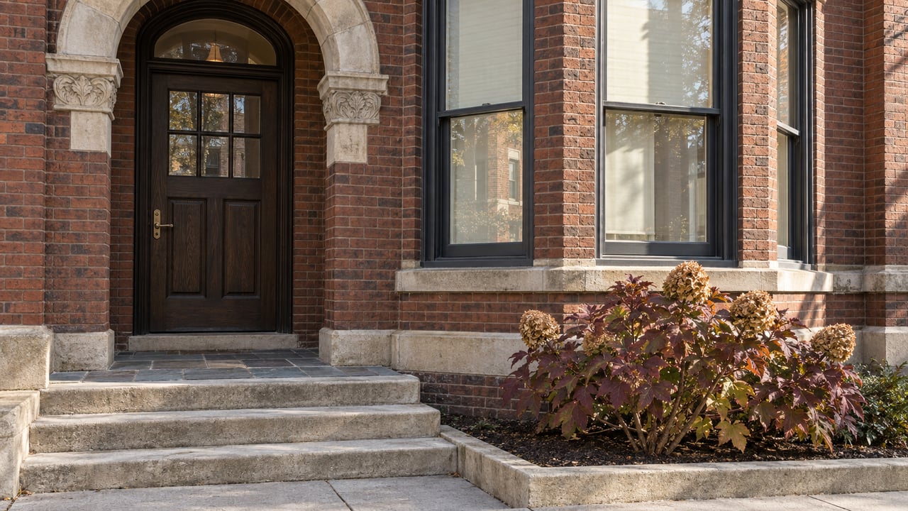 Russet brick residence with an arched oak entry, charcoal bay windows, worn limestone steps and burgundy oakleaf hydrangea foliage.