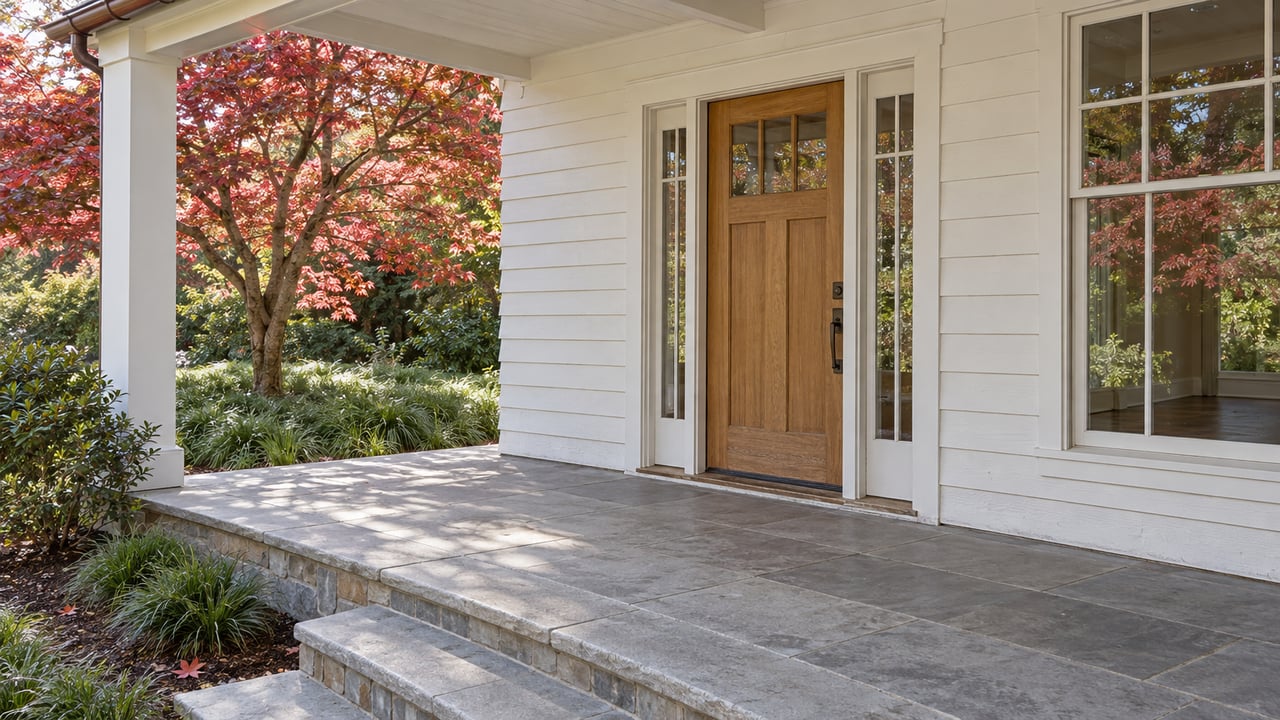 White-sided home entrance with an oak door, limestone porch steps and a red-leaved Japanese maple.