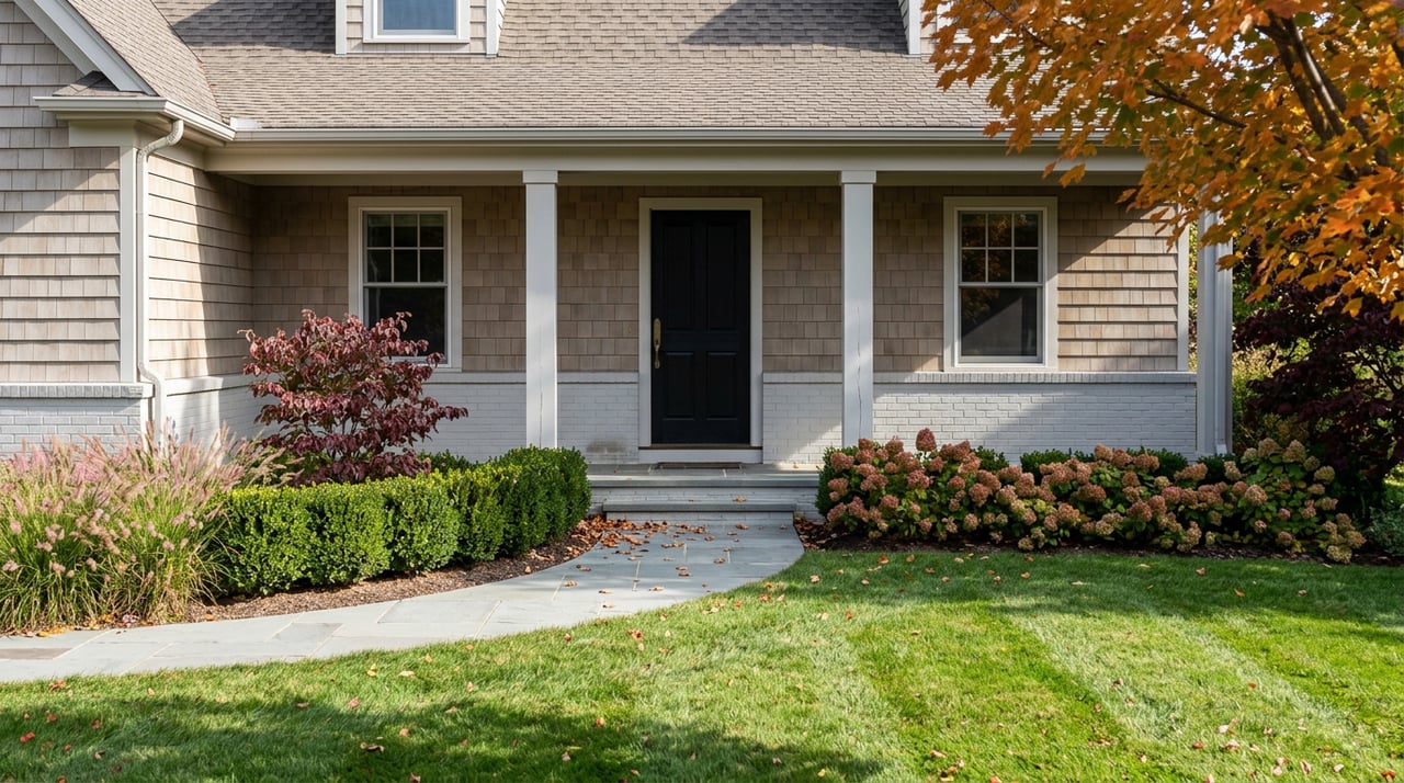 Suburban shingle-style home with a covered porch, curving bluestone walkway, and amber-orange autumn tree.