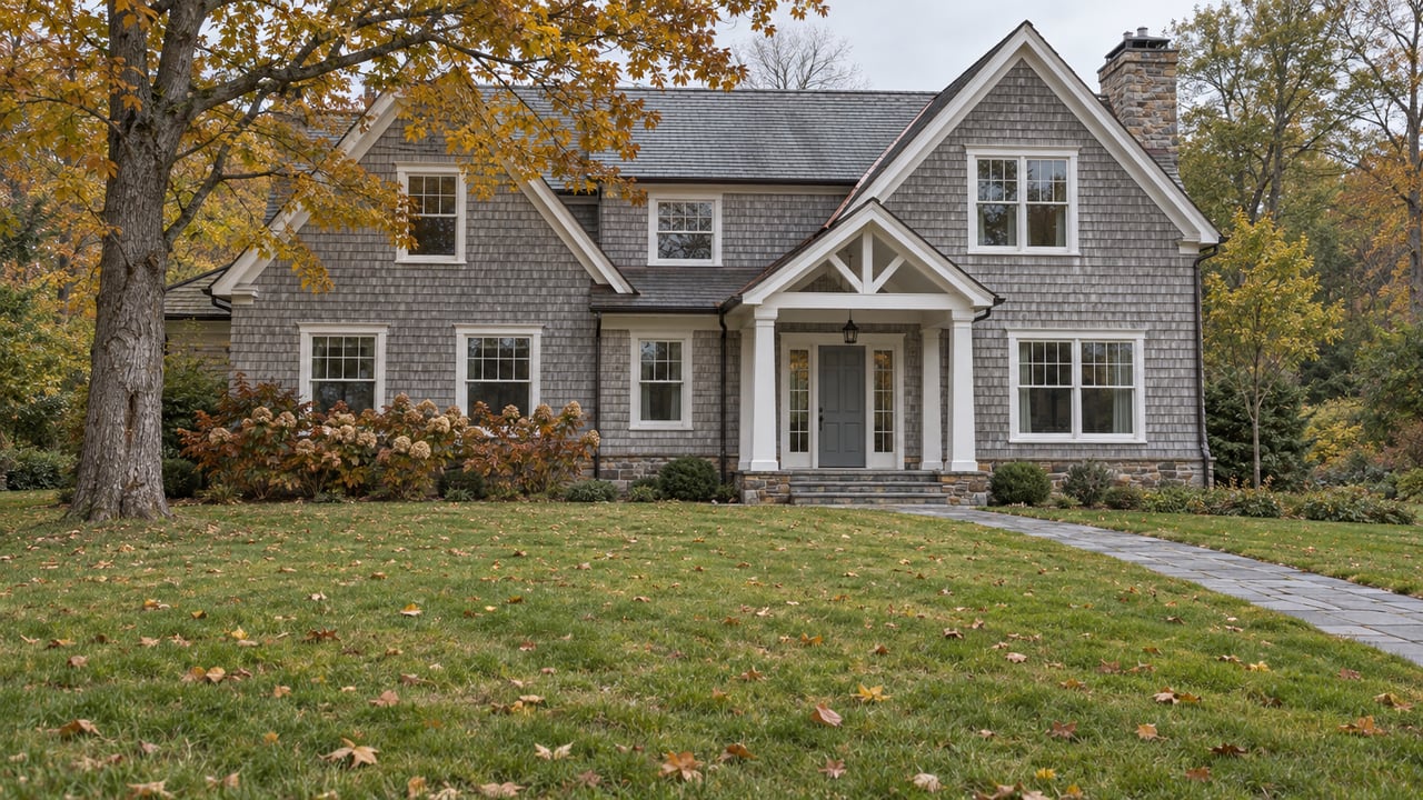 Weathered gray shingle home beyond a deep autumn lawn, with white divided-light windows, bluestone steps and an amber sugar maple.
