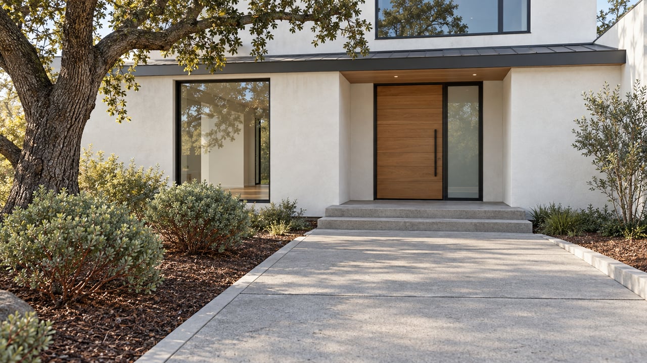 Morning light on a white-stucco home's oak entry door, black-framed windows and concrete approach beside a mature oak and manzanita planting.