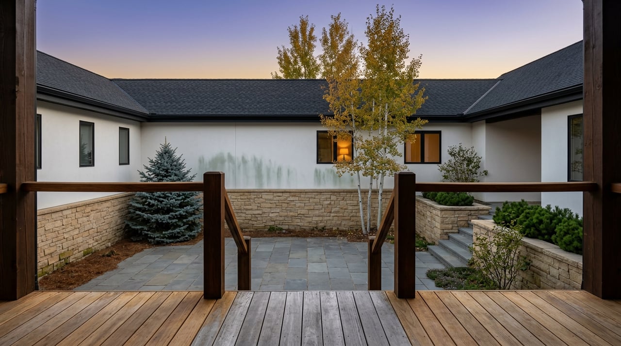 Dusk view from a timber deck toward a white stucco wing, with a warm-lit window and aspen trees.