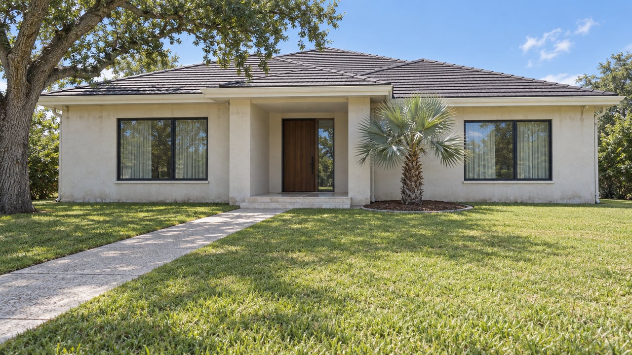 Updated single-story stucco home with dark roof tiles, broad front lawn, recessed wood entrance, a spreading oak and a silver fan palm.