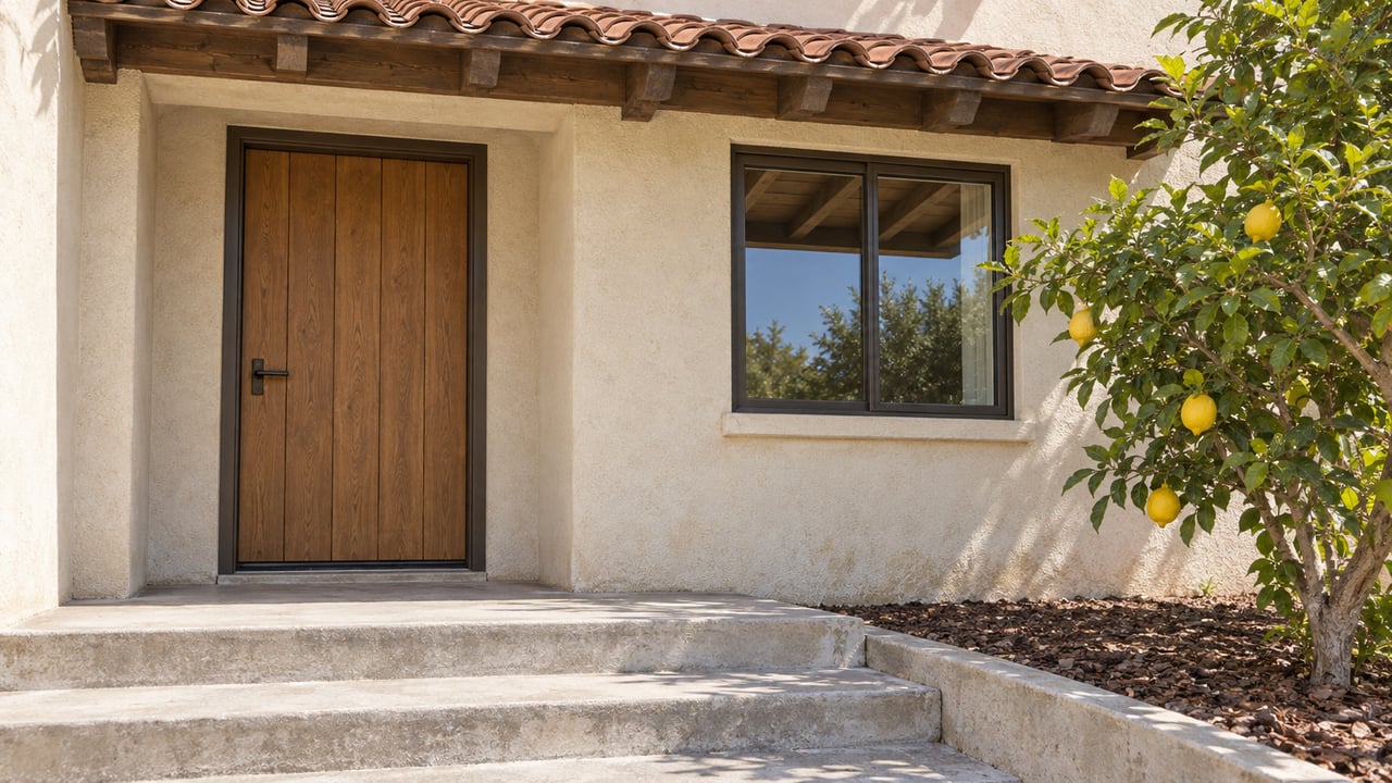 Cream stucco home entrance with an oak door, clay-tile porch roof, worn concrete steps and a lemon tree.