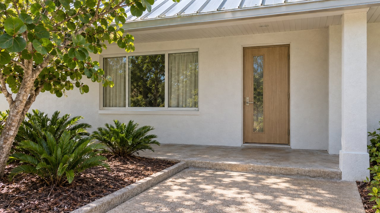Sunlit covered home entrance with warm-white stucco, pale metal roofing, a glazed door and sea-grape planting beside a concrete walk.
