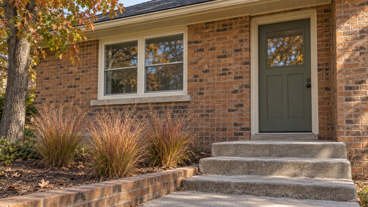 Brick house entrance with a dark door, concrete steps, and autumn grasses.