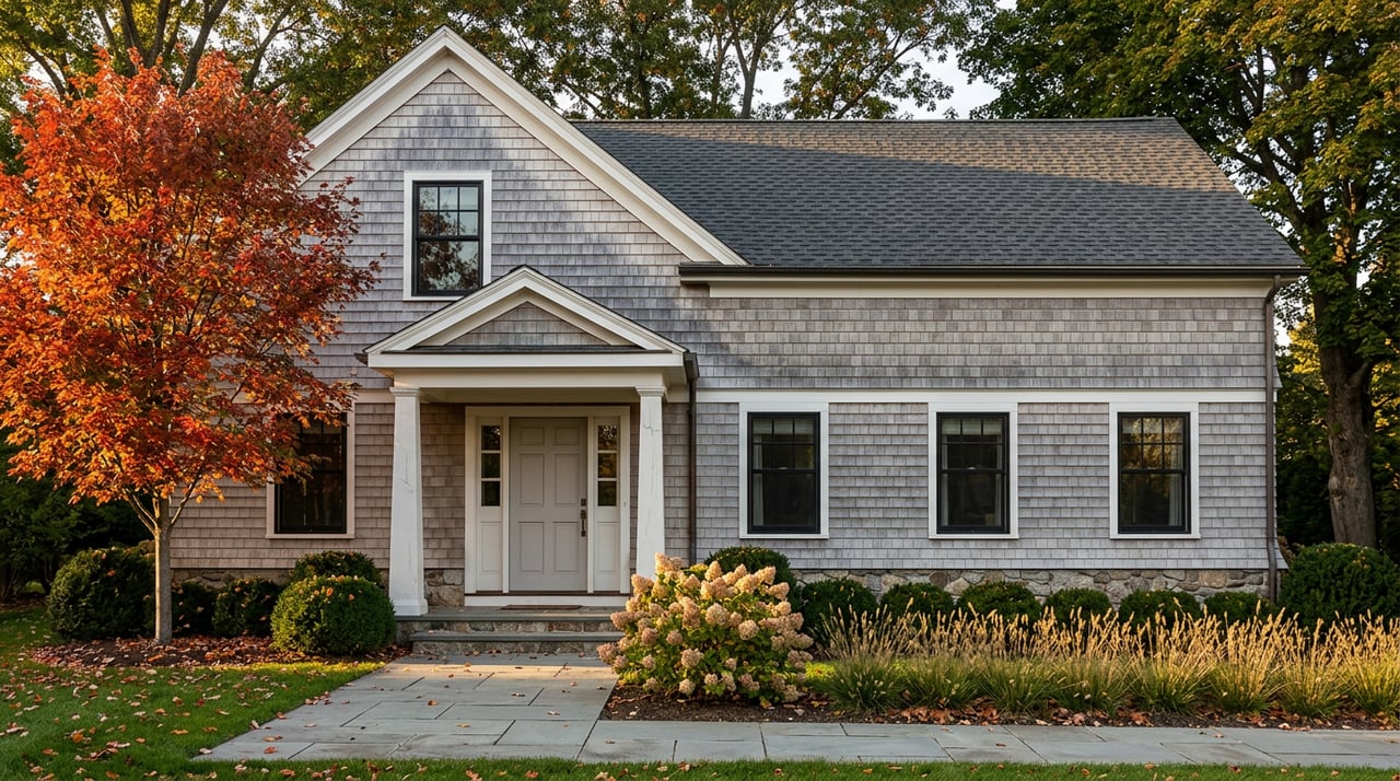 Two-story cedar-shingle home with a covered entry, red-orange maple, and fallen leaves across the lawn and walk.