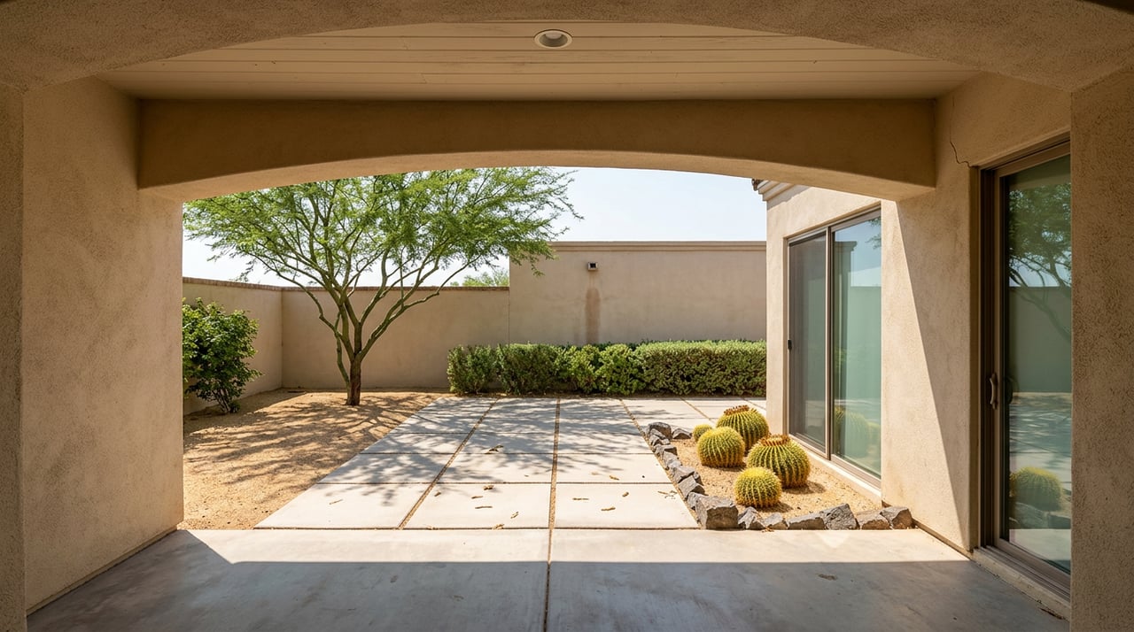 Sunlit courtyard beyond a shaded stucco portico, with pavers, a mesquite tree, and barrel cacti.