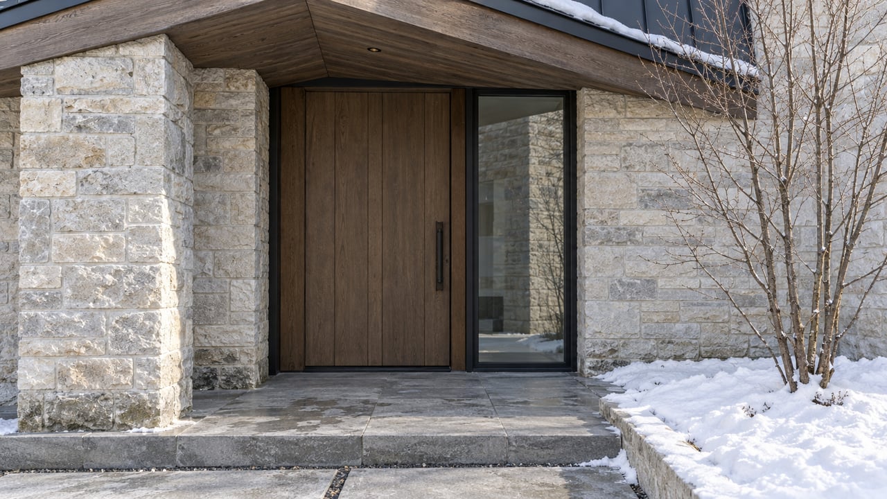 Winter light on a limestone and timber home entrance, with a cleared stone approach and snow beside a bare serviceberry.