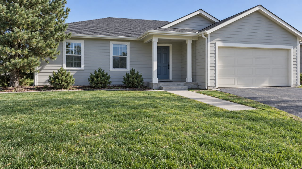 Light-gray gabled home with a covered front entry, deep lawn, and a mature pine in clear daylight.