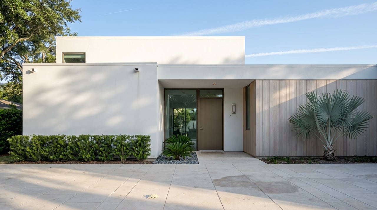 Modern white stucco home with a white oak wing, limestone driveway, and silver-blue palm beside the entry.