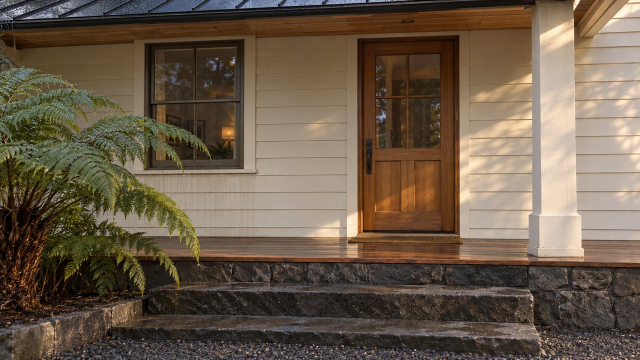 House entry with a weathered timber door, stone steps, and a tree fern beside the porch.