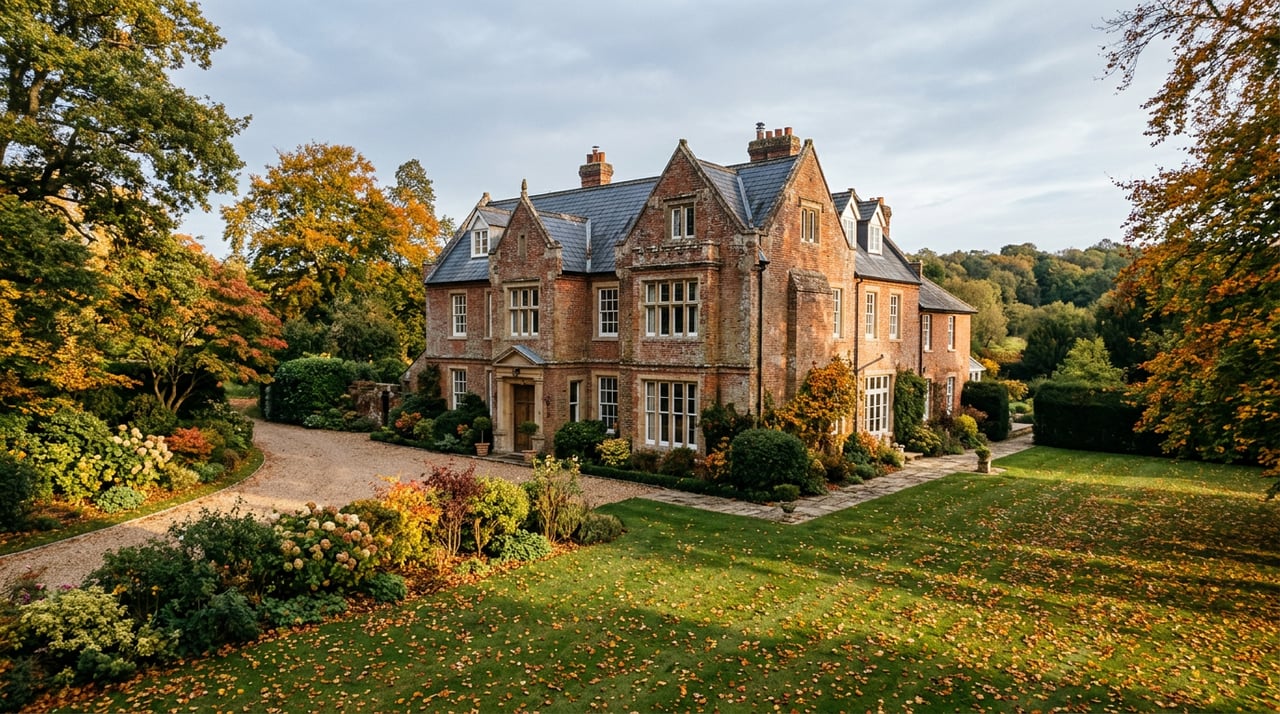 Two-story gray brick estate with a center gable, black multi-pane windows, and a broad lawn scattered with autumn leaves.