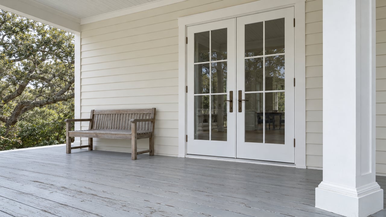 Weathered gray veranda boards, white clapboard and closed French doors beside a silvered teak bench, with a live oak visible at the porch edge.