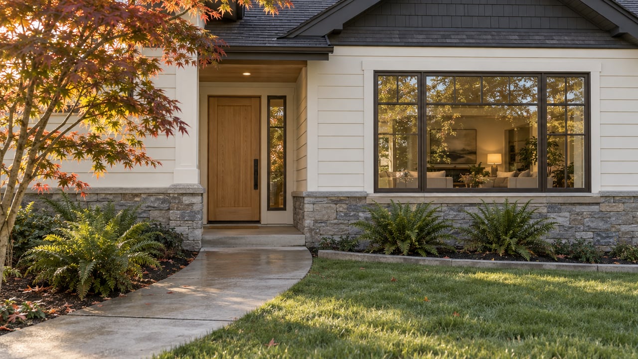 Off-white lap-sided home with a white-oak entry, gridded window, curved concrete path, and small tree.