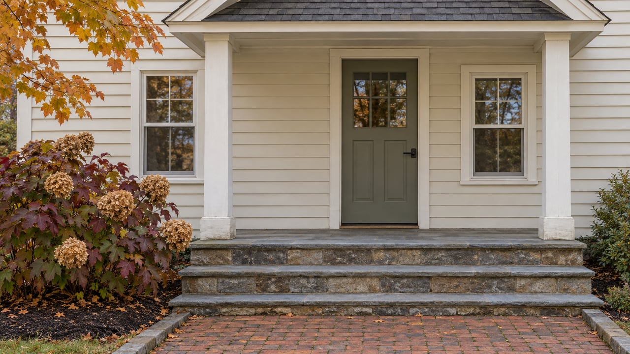 Traditional clapboard home entry with a gray-green door, bluestone steps and burgundy oakleaf hydrangea in soft autumn light.