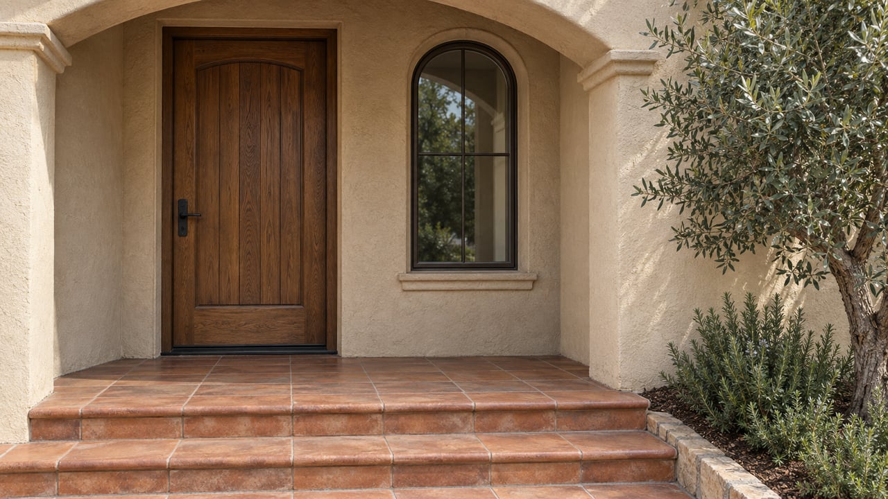 Recessed oak front door beneath a stucco arch, beside an arched window and terracotta steps.