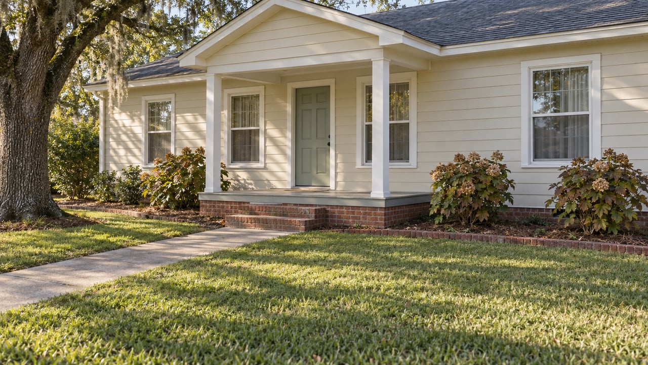 Cream clapboard home with a pale sage front door, brick porch steps and a deep lawn shaded by a spreading live oak.