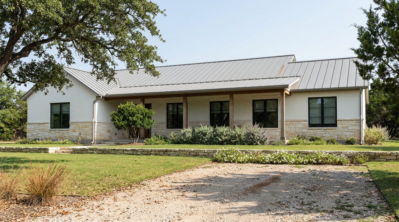 Single-story limestone and white-brick home with a deep porch, gravel drive, and live oak canopy.
