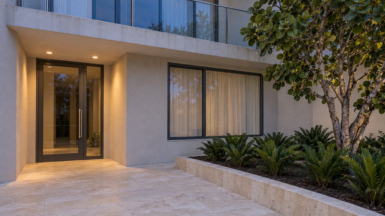 Blue-hour condominium entrance with pale stucco, glass balcony, limestone paving and sculptural broad-leaved planting.