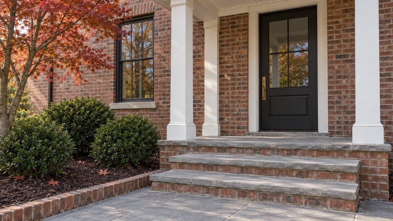 Brick home entrance with white porch posts, worn bluestone steps and red maple foliage in soft autumn light.