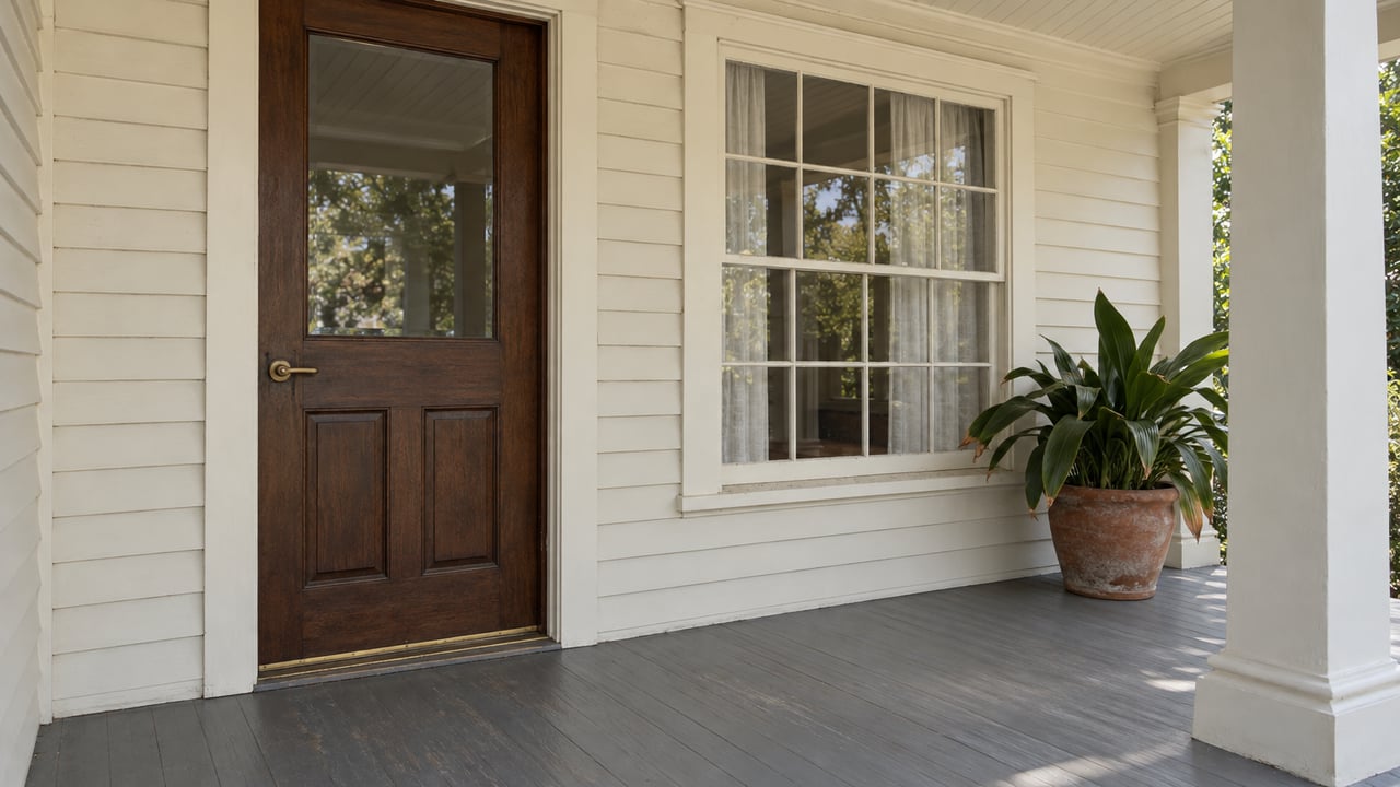 Cream wood siding, a dark stained front door and a divided-light window on a shaded timber porch with a single terracotta planter.