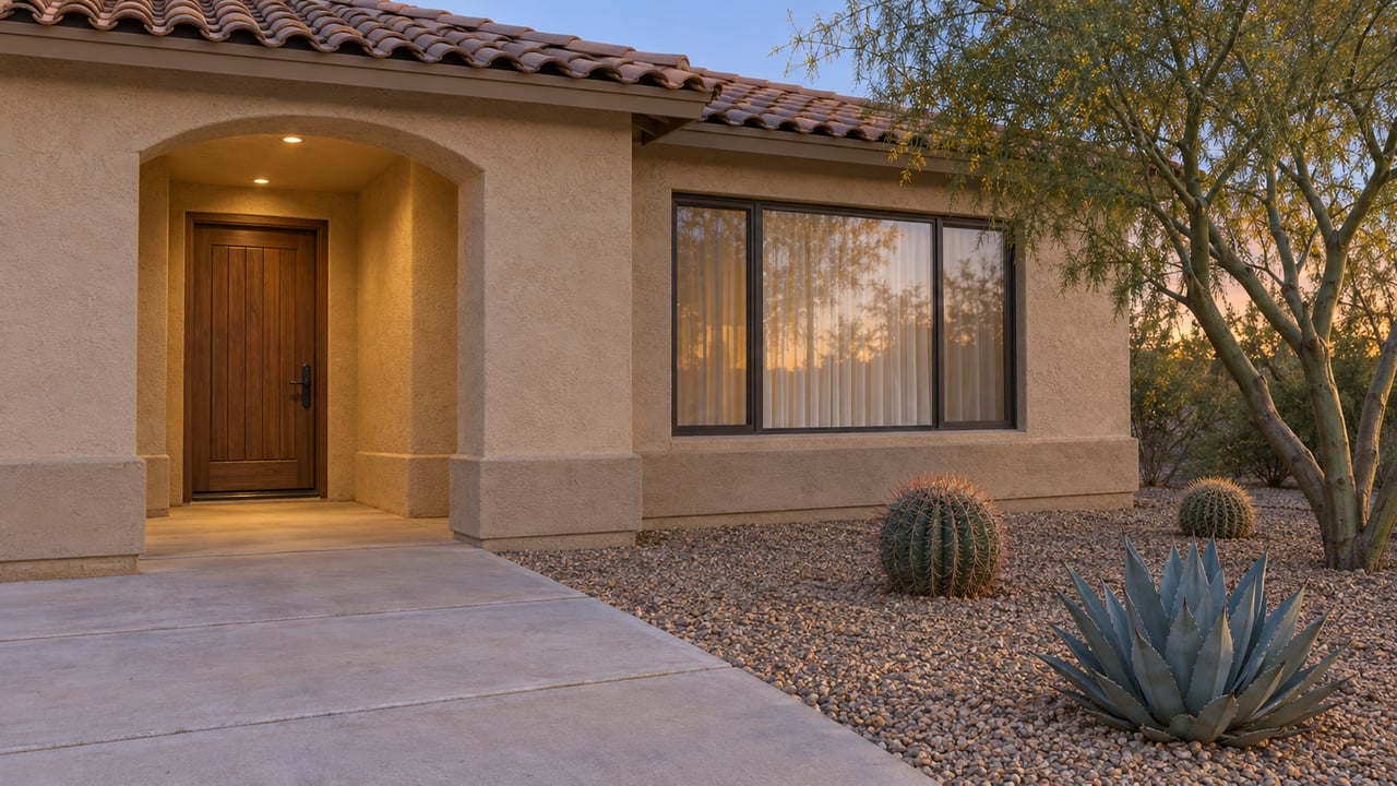 Sand-stucco home with a terracotta tile roof, warmly lit arched entry, broad concrete approach and carefully spaced desert planting at twilight.