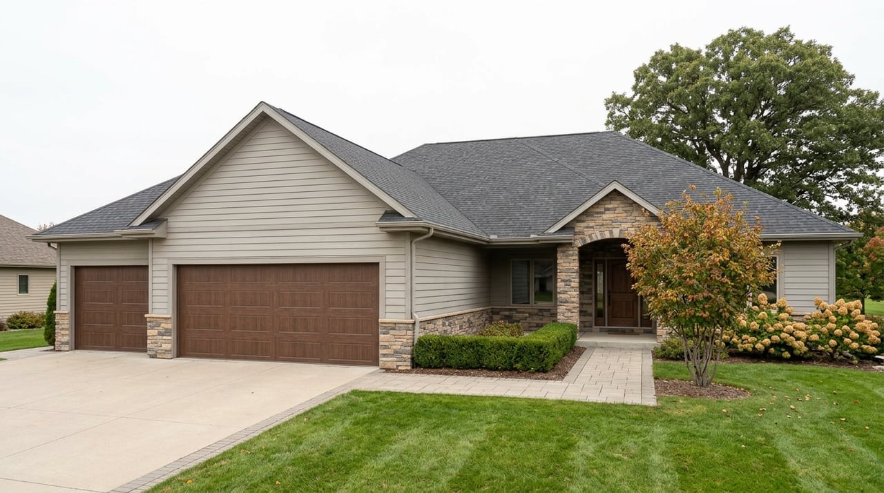 Suburban house with three walnut-toned garage doors, gray siding, stone accents, paver driveway, and landscaped lawn.