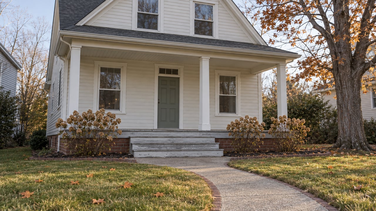 Off-white gabled house with a covered front porch, muted green door, autumn lawn and a mostly bare sugar maple.