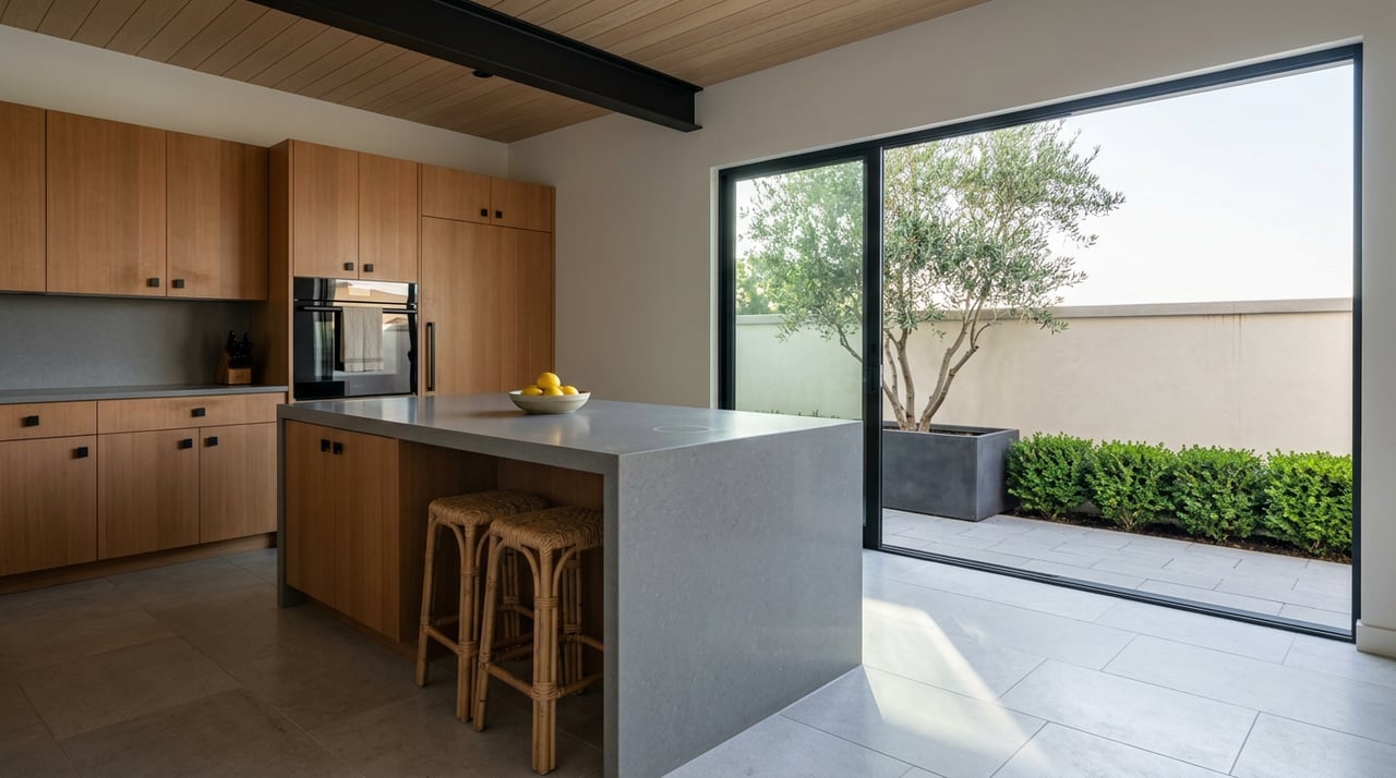 Gray stone kitchen island with a bowl of lemons, cedar cabinets, and a glass slider opening onto an olive tree.