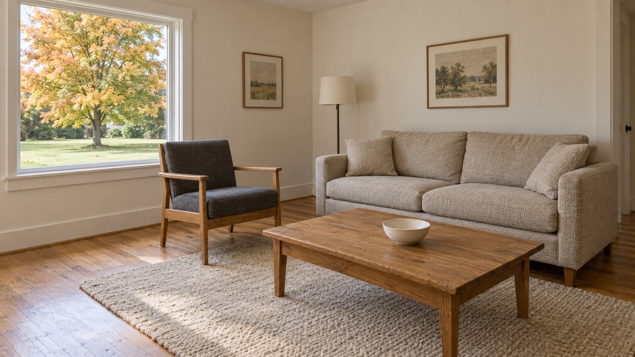 A comfortable living room with an oatmeal sofa, oak furniture, and soft window light beside an autumn tree.