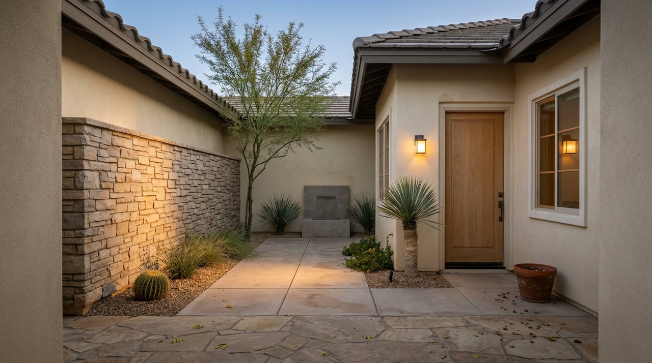 Flagstone path leads through an entry courtyard to a white oak door, with desert plants and a small tiled fountain.