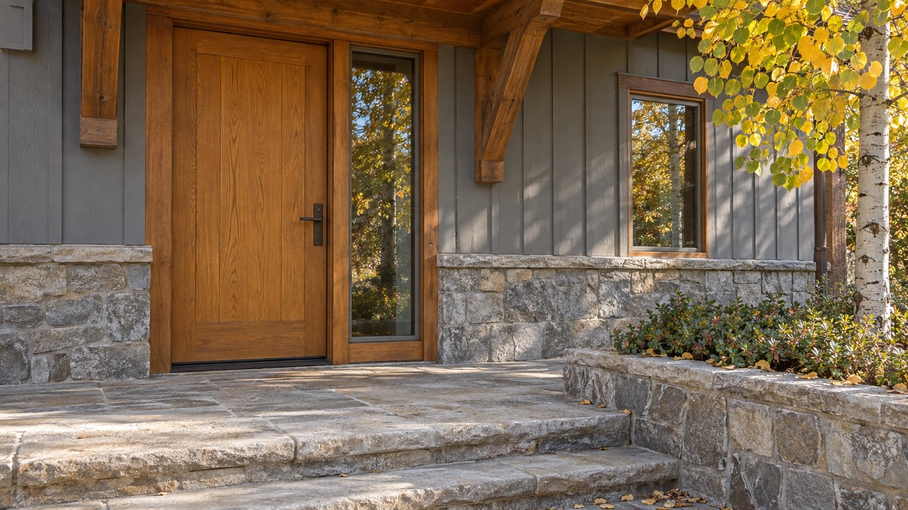 Oak entry door and glazed sidelight beneath a timber canopy, beside an aspen with green and gold leaves.