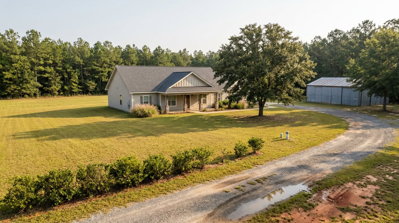 Set-back rural home and metal barn beyond open pasture, with a curved gravel driveway and puddle in the foreground.