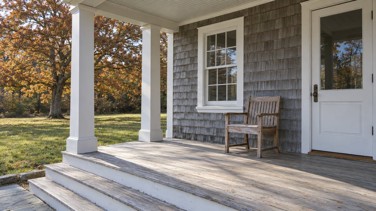 Morning light across a weathered shingle cottage porch with white posts, a teak chair and steps to a stone landing beside an autumn lawn.