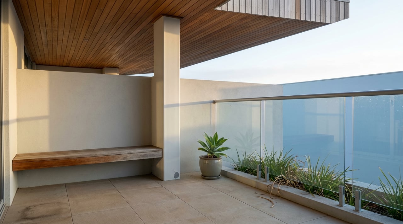 Coastal balcony with glass railing, weathered teak bench, agave planter, and chipped white support post.