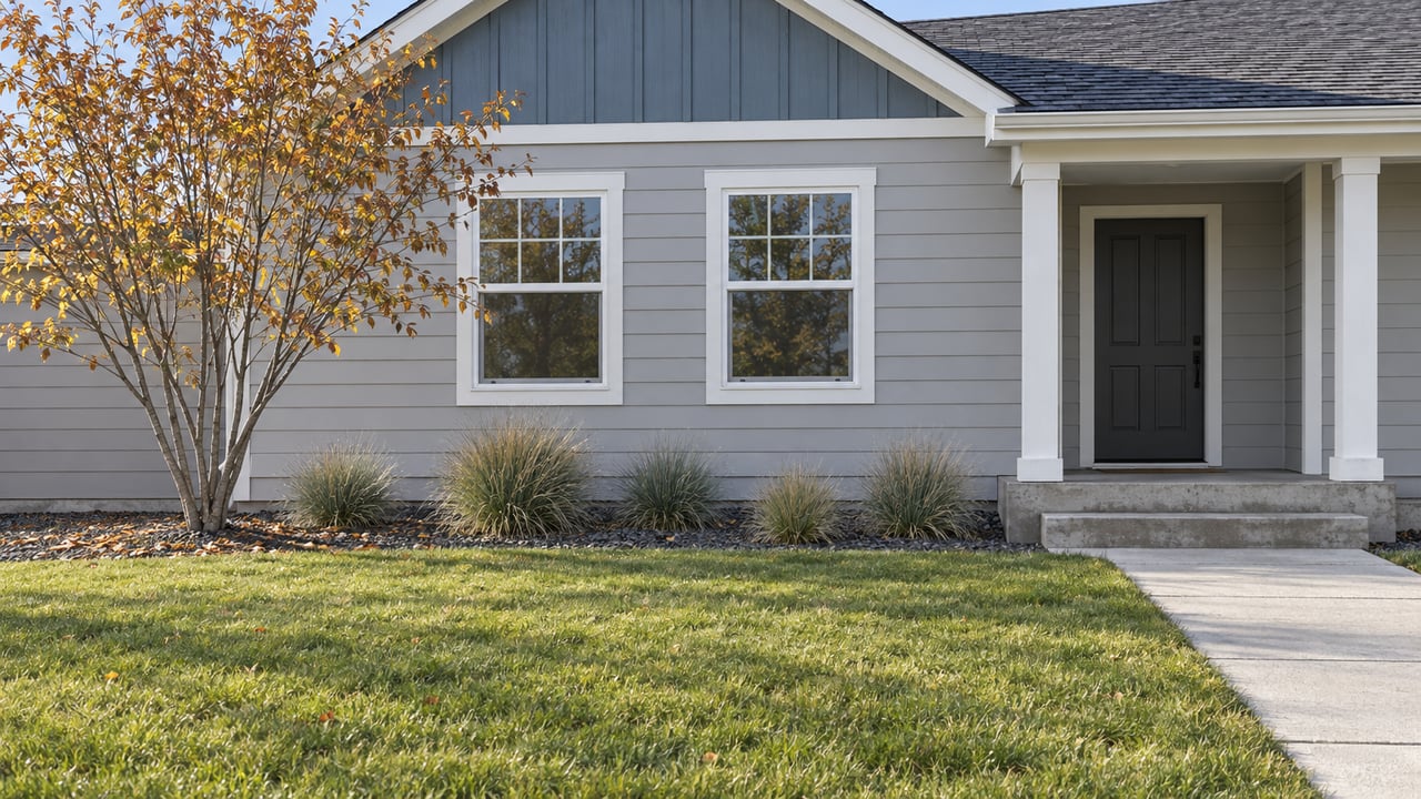 Autumn light on a gray-sided home with a covered porch, deep front lawn and an ocher-leaved serviceberry.