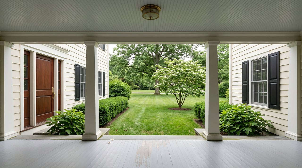 View from a covered porch past white columns and a recessed mahogany door to a lawn with a flowering dogwood.