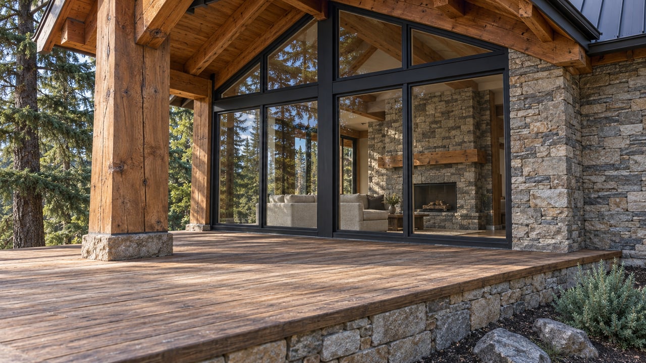 Sunlit weathered timber deck beside black-framed lodge windows and a stacked-stone wall, with evergreen branches at the edge.