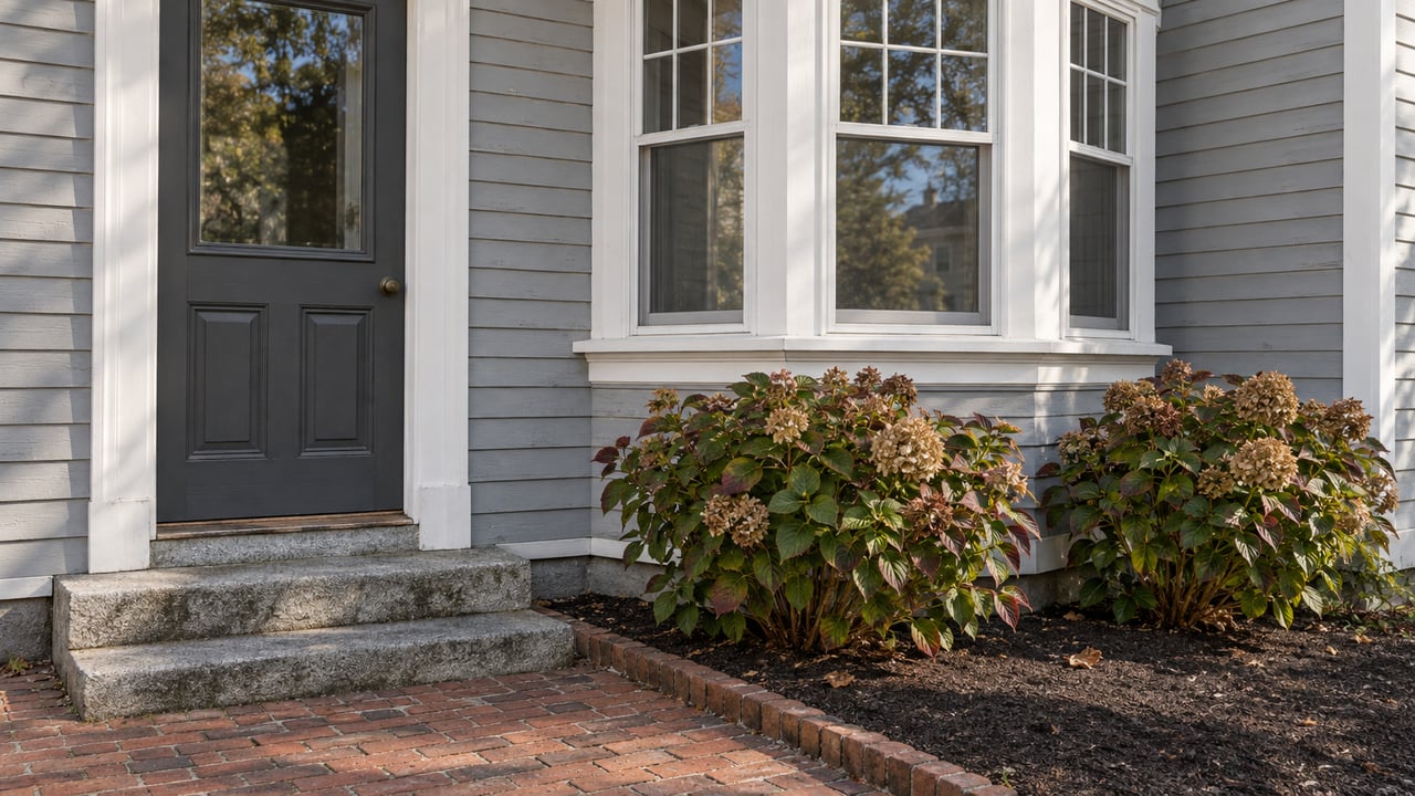 Weathered gray clapboard home with a charcoal entry door, white-trimmed bay window, granite steps, and two hydrangeas beside a brick approach.