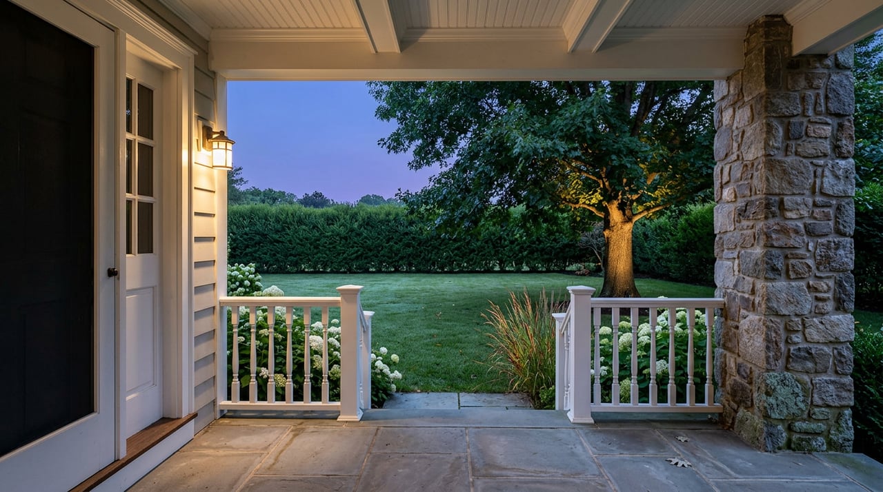 Blue-hour porch frames a lawn beside a glowing bronze sconce, fieldstone column, and oak.