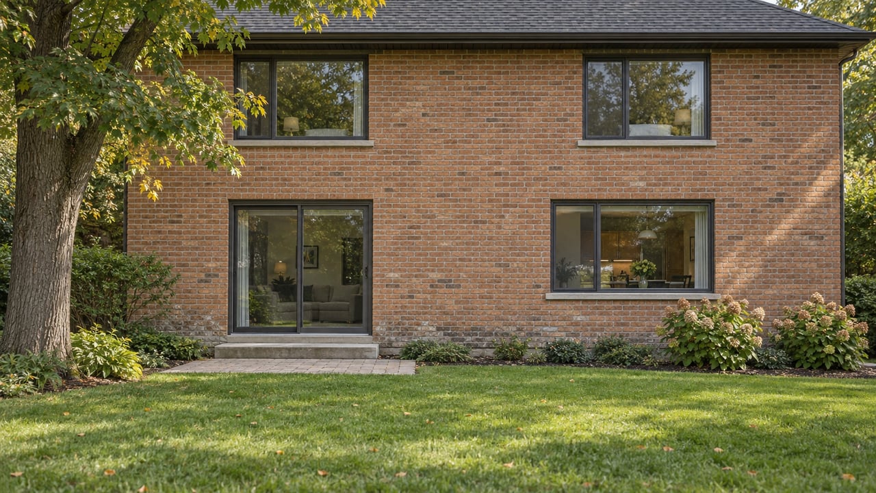 Two-storey russet-brick house beyond a gently worn lawn, with a maple tree and hydrangeas.