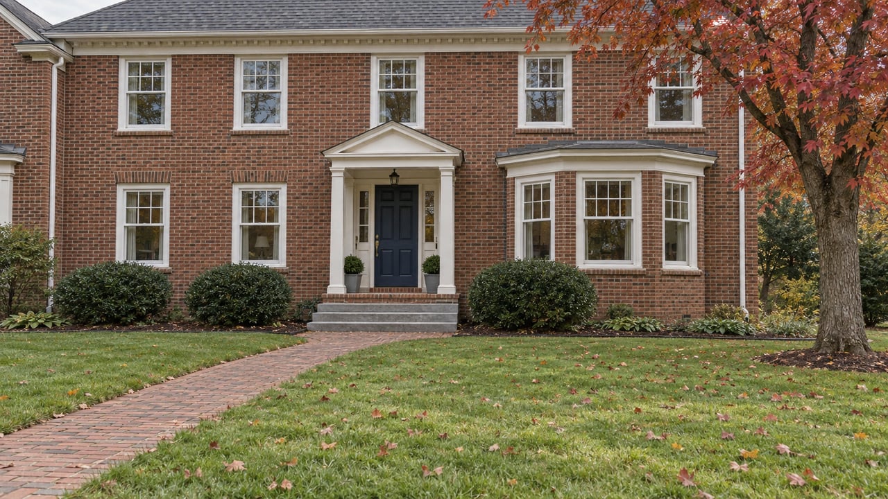Traditional brick home with white-trimmed windows, a navy front door, and a brick walk crossing an autumn lawn beside a red maple.