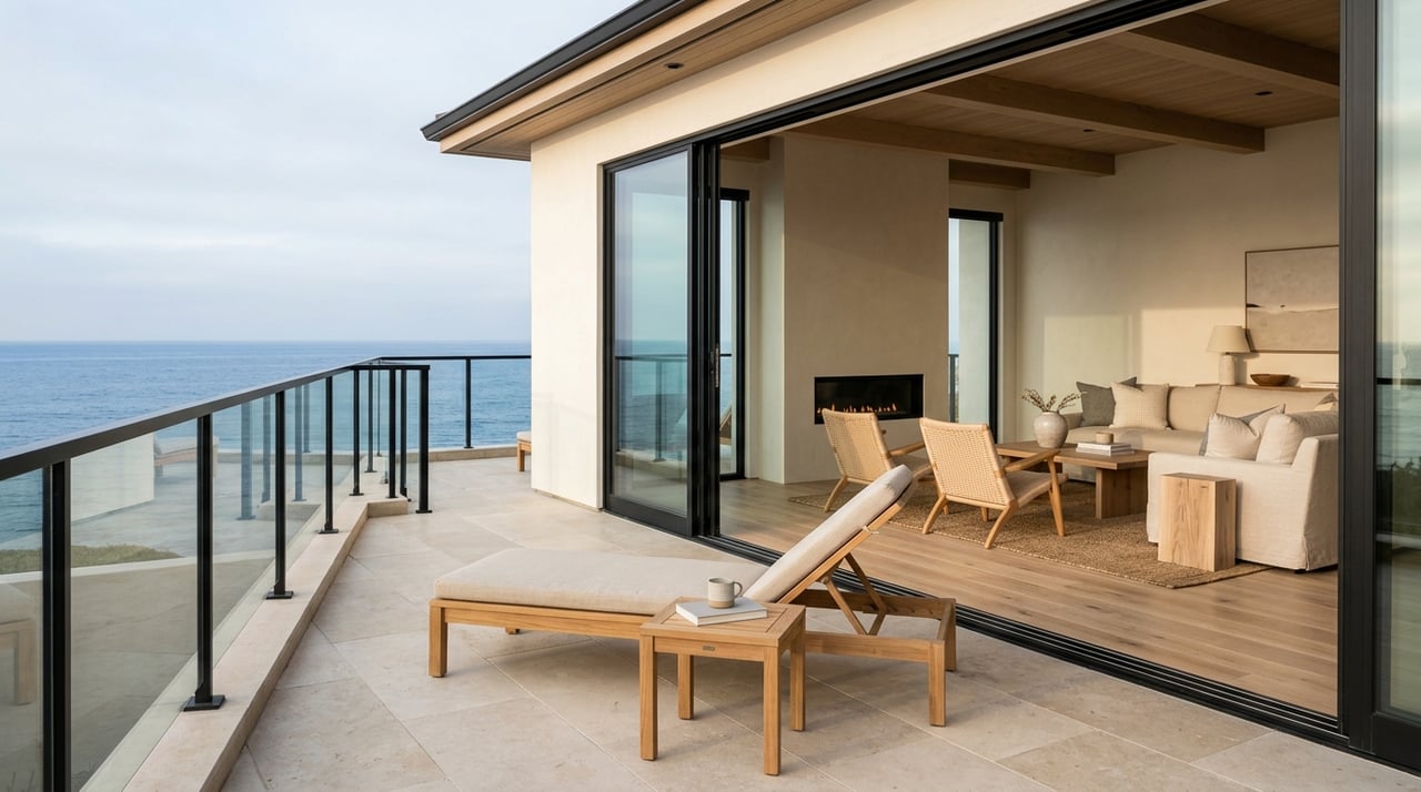 Limestone terrace, teak chaise, open black-framed doors, oak-floored room, and a sliver of blue water.
