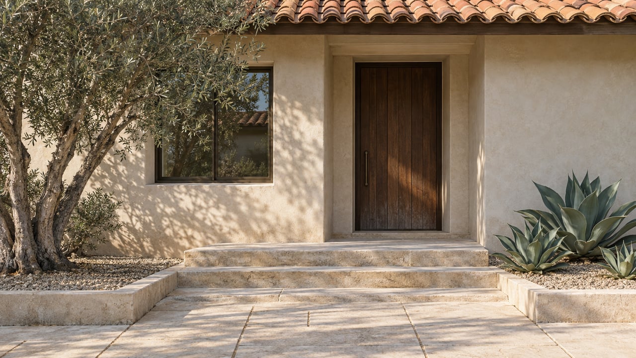 Ivory stucco home entrance with a walnut door, clay roof tiles, limestone steps, a mature olive tree, and sculptural agaves.