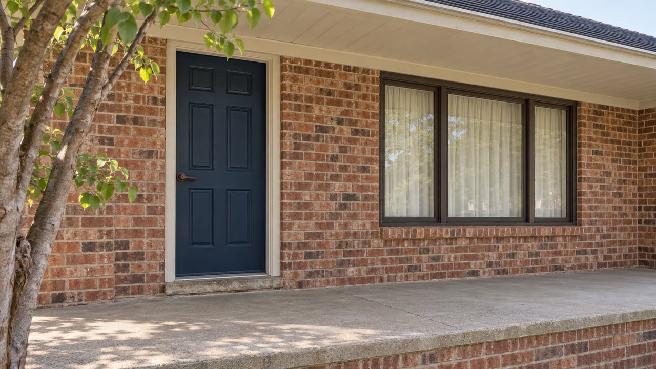 A navy front door and bronze-framed window on a weathered brick porch, with soft sunlight and a redbud branch.