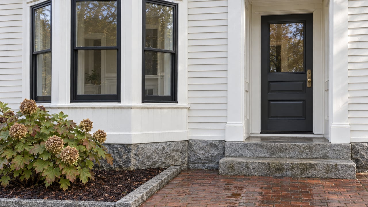 White clapboard home with black bay windows, a charcoal entry door, worn granite steps, and a brick landing beside an oakleaf hydrangea.