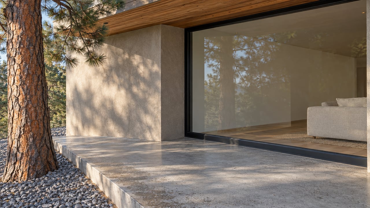 Morning light grazes a stucco home’s covered concrete terrace beside a mature pine and a black-framed living-room window.