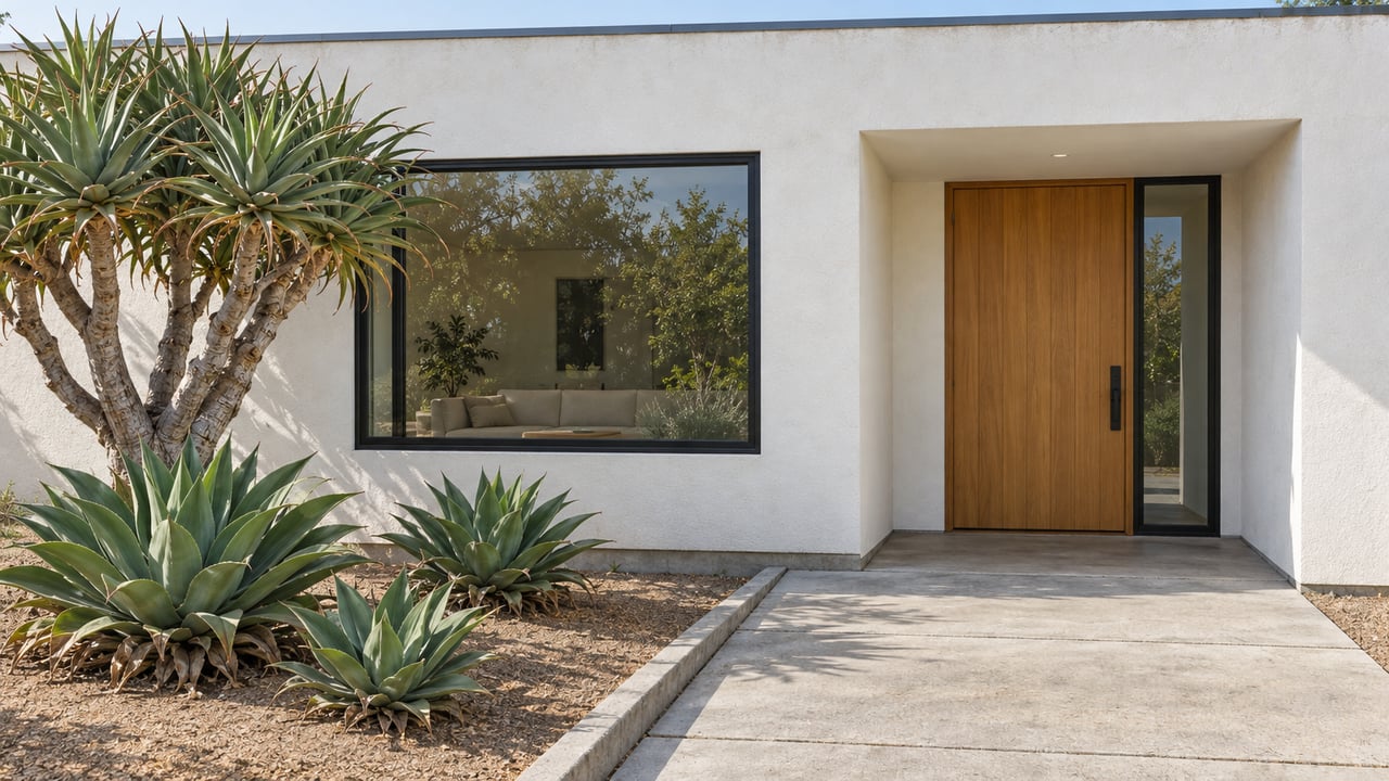 Modern white stucco home with a recessed wood entry, black-framed window, concrete approach, and sculptural aloe and agaves.