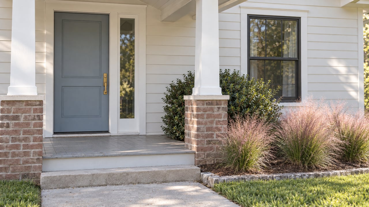 Covered porch entry with a blue-gray door, brass handle, brick piers, and pink muhly grass.